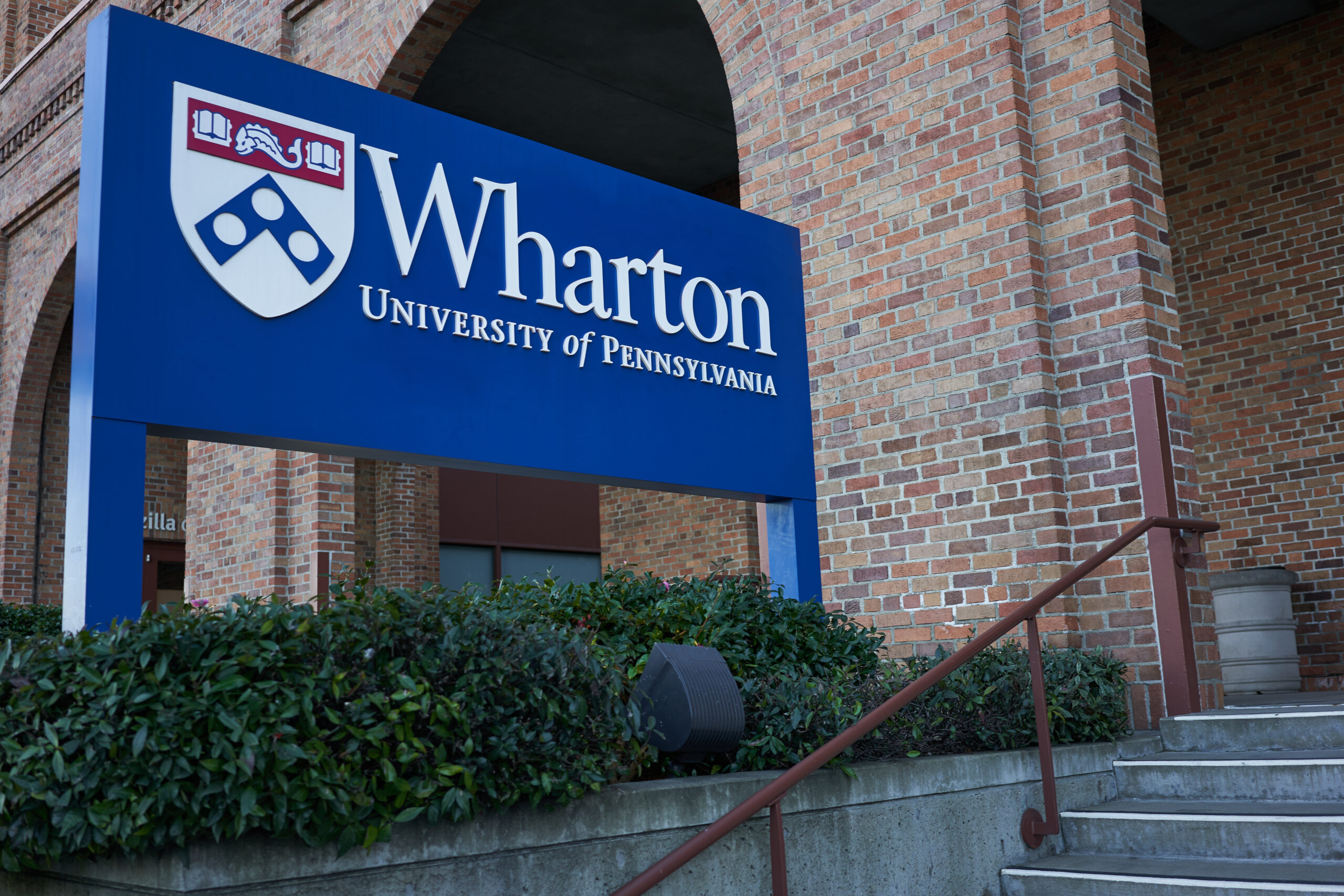 San Francisco, CA, USA - Feb 9, 2020: The Wharton sign is seen at the entrance to the west coast campus of the Wharton School, University of Pennsylvania, in San Francisco, California